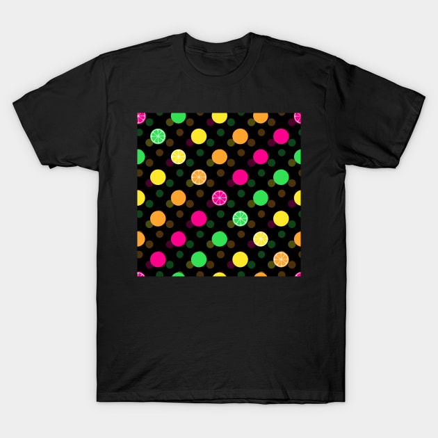 Bright Citrus Polka Dots (Black) T-Shirt by dogbone42